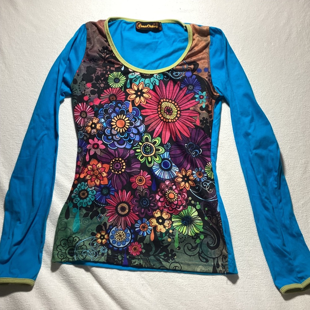 Luna Claire Womens Small Blue Floral Graphic Long Sleeve Scoop Neck Cotton Top